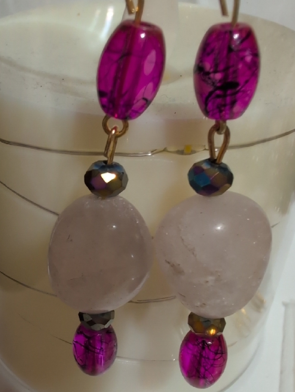 NWOT Handmade Gold-Tone Pink Stone Drop Earrings - Picture 4 of 5